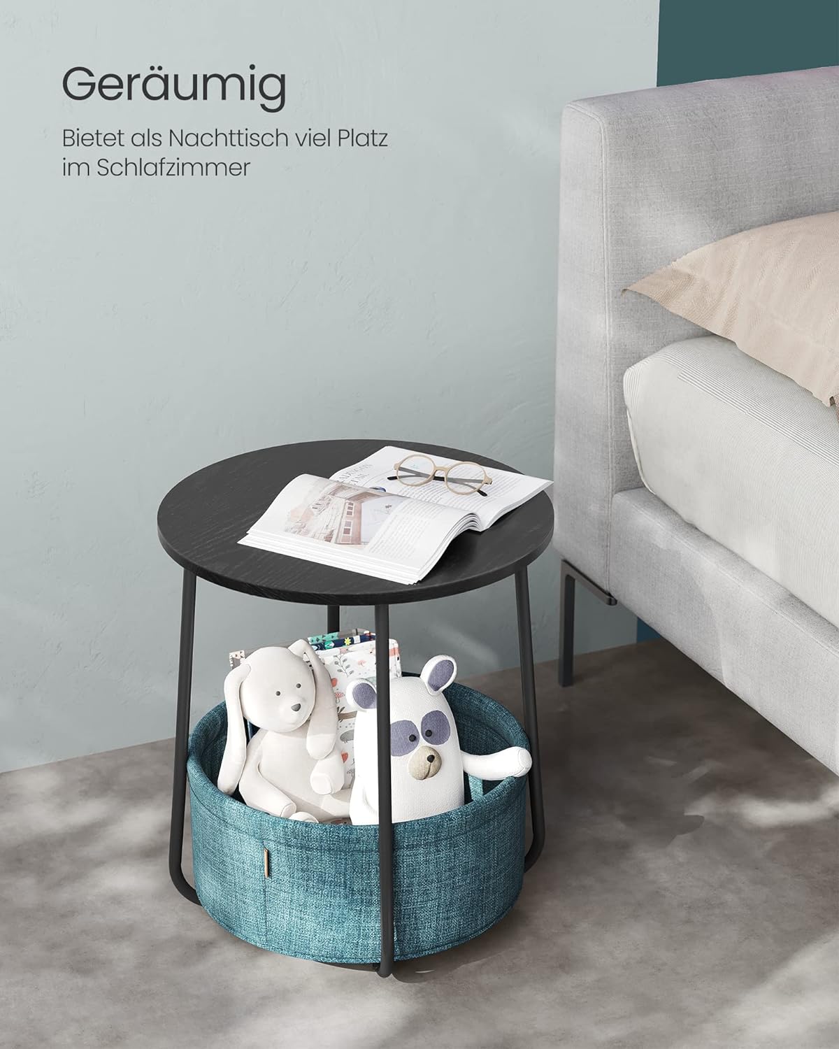 Vasagle Στρόγγυλο Βοηθητικό Τραπέζι με Υφασμάτινο Καλάθι Αποθήκευσης - Black Wood / Dark Turquoise - LET223B56