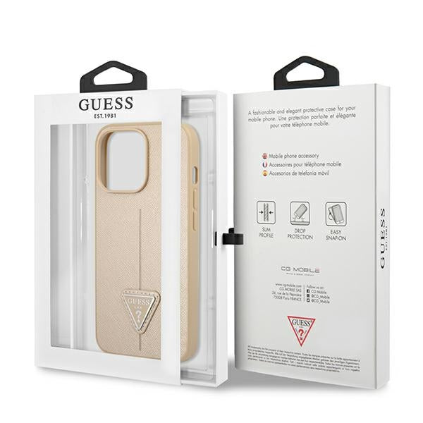 Guess iPhone 14 Pro Saffiano Σκληρή Θήκη με Πλαίσιο Σιλικόνης - Beige - GUHCP14LPSATLE