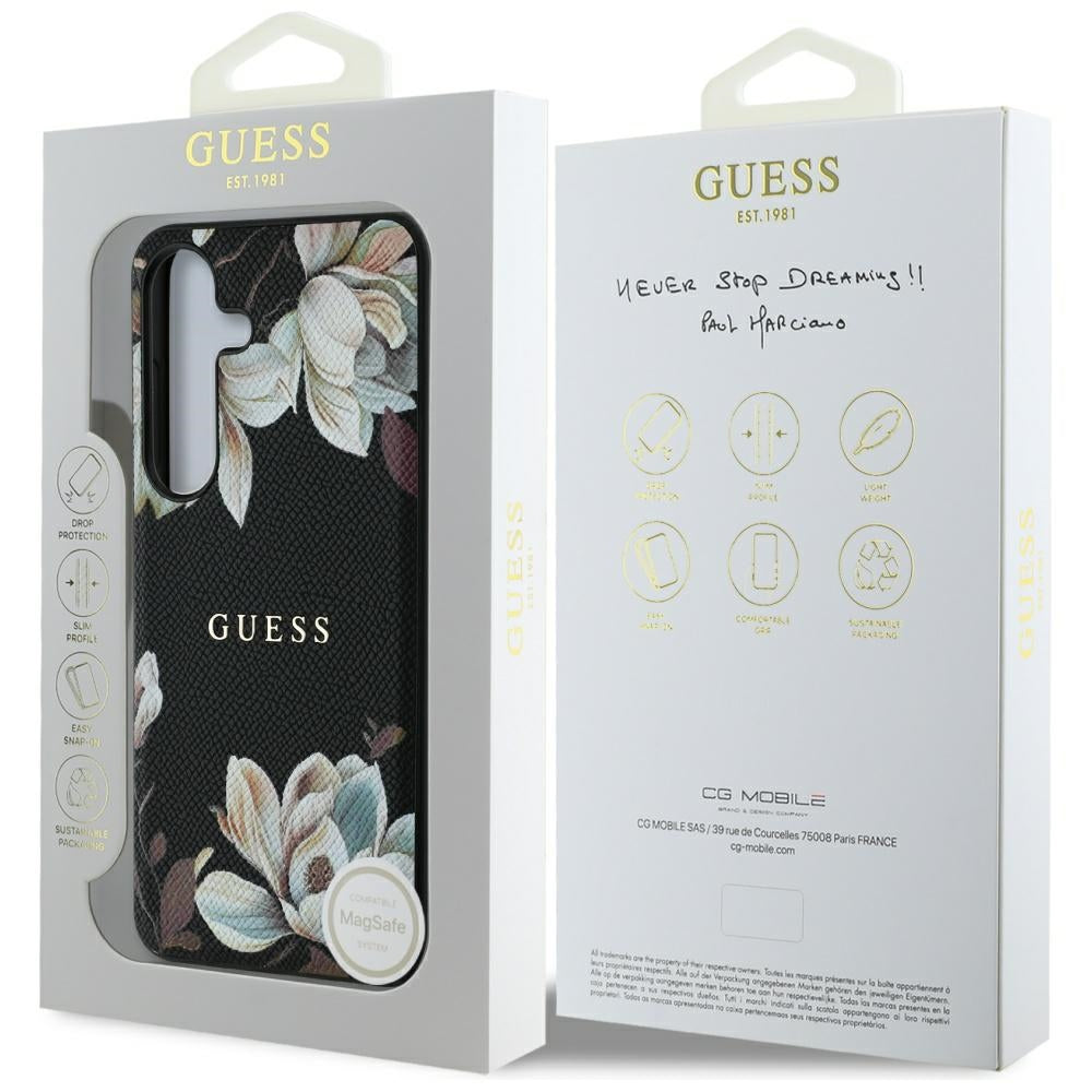 Guess Samsung Galaxy S25 - Grained Printed Flower Pattern - Θήκη με Επένδυση Συνθετικού Δέρματος και MagSafe - Black - GUHMS25SPGNMPLMK