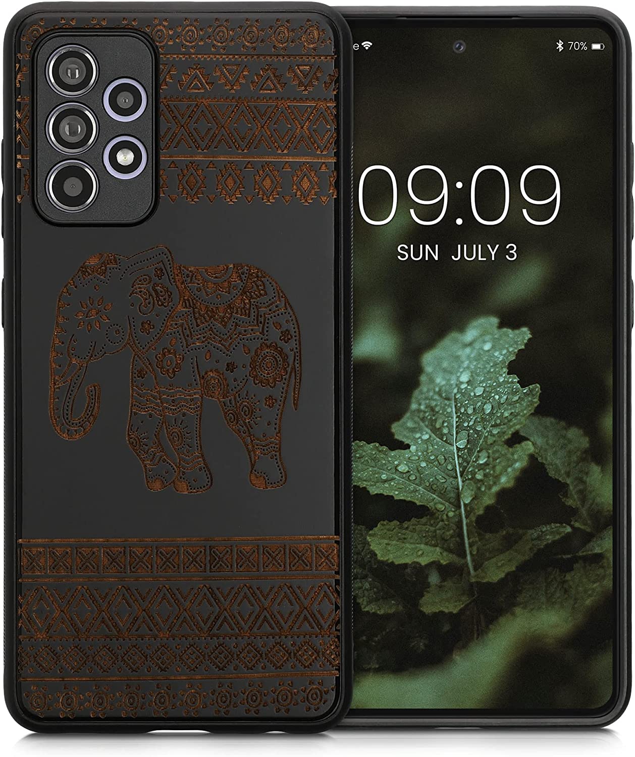 KW Samsung Galaxy A52 / A52 5G / A52s 5G Θήκη από Φυσικό Ξύλο - Design Wooden Elephant with Pattern - Light Brown / Black - 54354.10