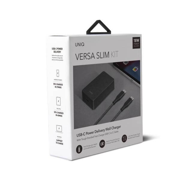 Uniq Versa Slim PD 18W Οικιακός Φορτιστής Γρήγορης Φόρτισης με 1 Θύρα Type - C και Καλώδιο Type - C to Type - C - Charcoal Black