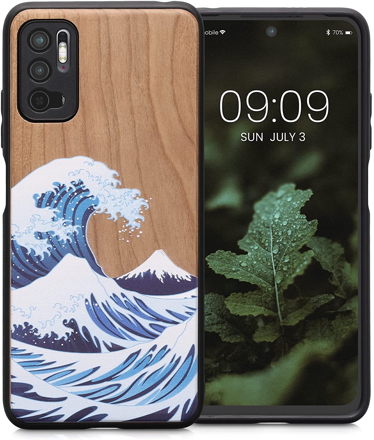 KW Xiaomi Redmi Note 10 5G Θήκη από Φυσικό Ξύλο - Design The Great Wave - Blue / White / Brown- 56792.04
