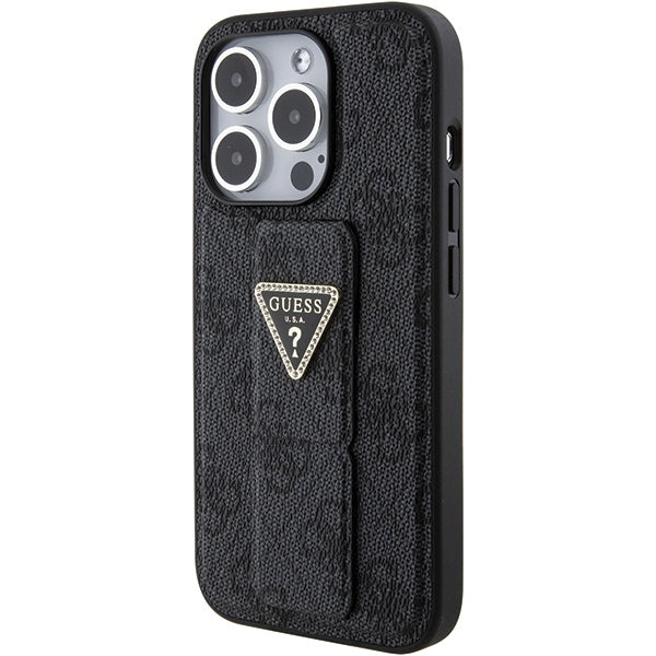 Guess iPhone 15 Pro Grip Stand 4G Triangle Strass Logo Θήκη με Επένδυση Συνθετικού Δέρματος και Stand - Black - GUHCP15LPGS4TDK