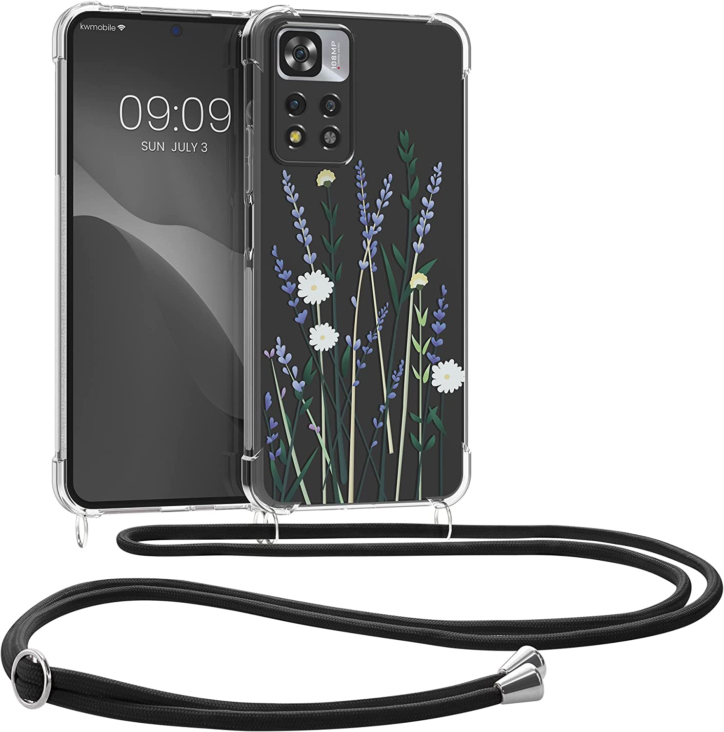 KW Xiaomi Redmi Note 11 Pro+ 5G Θήκη Σιλικόνης TPU με Λουράκι Design Flower Straws - Lavender / Green / Διάφανη - 58101.04