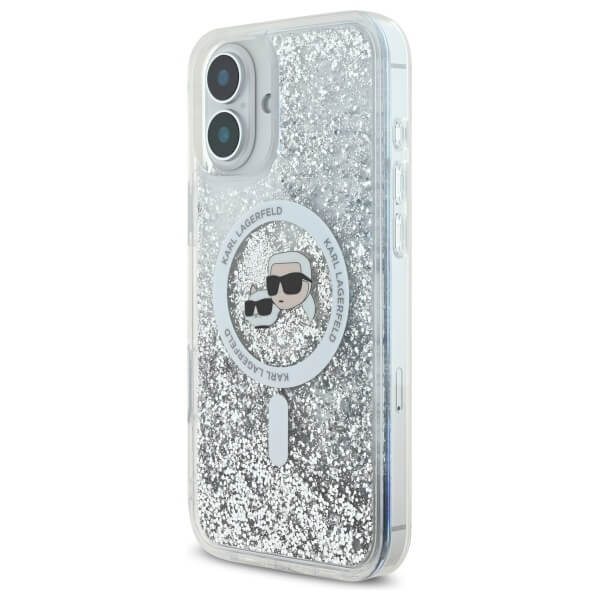 Karl Lagerfeld iPhone 16 Plus - Liquid Glitter Karl and Choupette Head MagSafe - Σκληρή Θήκη με Πλαίσιο Σιλικόνης - Διάφανη - KLHMP16MLGKCSGH