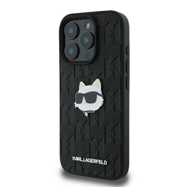 Karl Lagerfeld iPhone 16 Pro - Monogram Choupette Head Pin Σκληρή Θήκη με Επένδυση Συνθετικού Δέρματος - Black - KLHCP16LPGKLCHPK