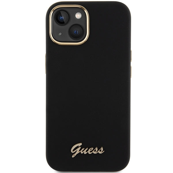 Guess iPhone 15 Silicone Script Metal Logo and Frame Σκληρή Θήκη με Πλαίσιο Σιλικόνης - Black - GUHCP15SSMBSLK