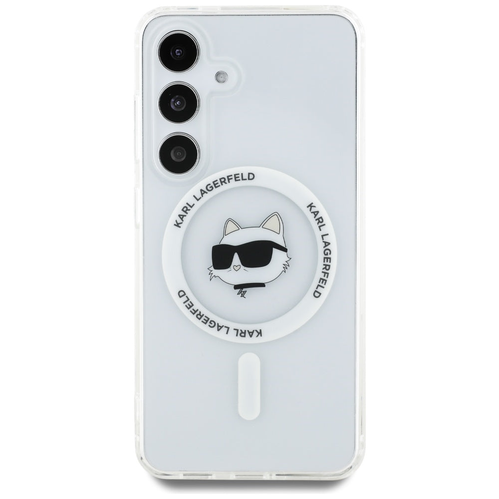 Karl Lagerfeld Samsung Galaxy S25 - Button Choupette Head Printed Logo - MagSafe Σκληρή Θήκη με Πλαίσιο Σιλικόνης - White - KLHMS25SHLSCHH