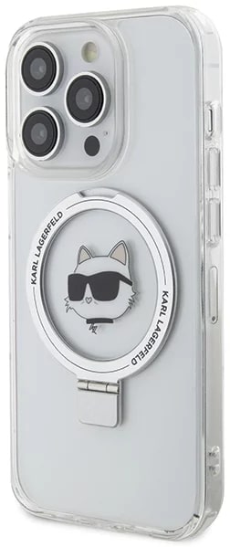Karl Lagerfeld iPhone 15 Pro Max Ring Stand Choupette Head MagSafe Σκληρή Θήκη με Πλαίσιο Σιλικόνης και MagSafe - Διάφανη / Silver - KLHMP15XHMRSCHH