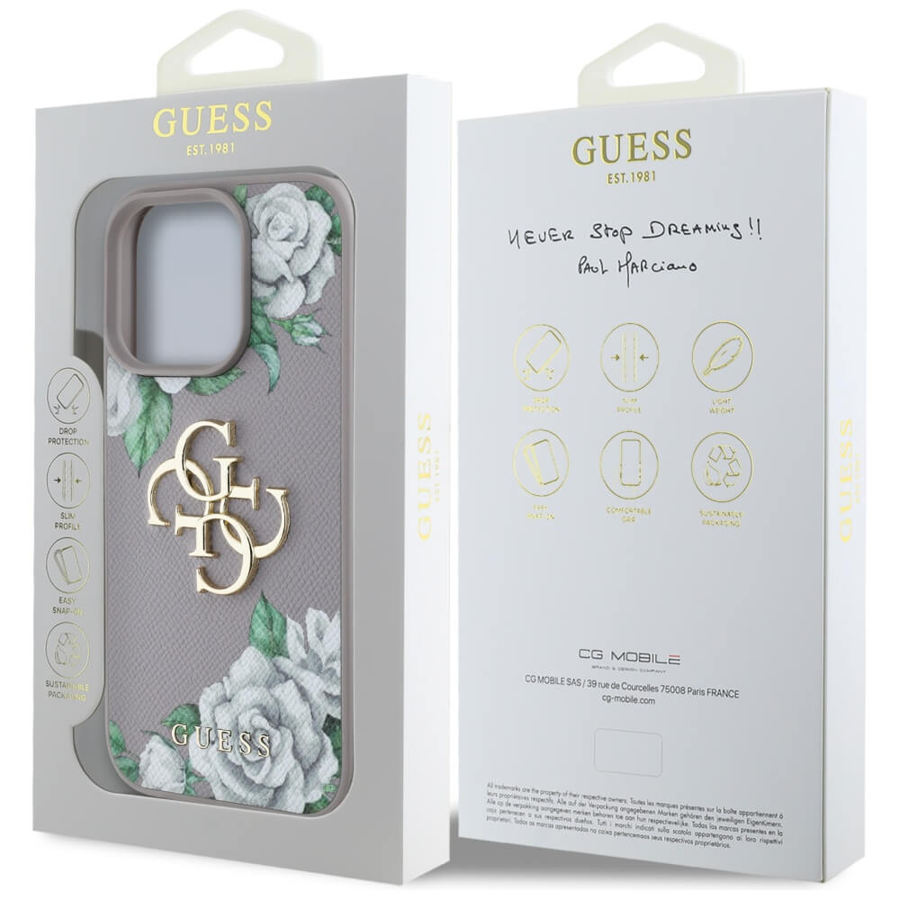 Guess iPhone 16 Pro Max - Grained Roses Big 4G Logo - Σκληρή Θήκη με Επένδυση από Οικολογικό Δέρμα - Purple - GUHCP16XPGROP4MU