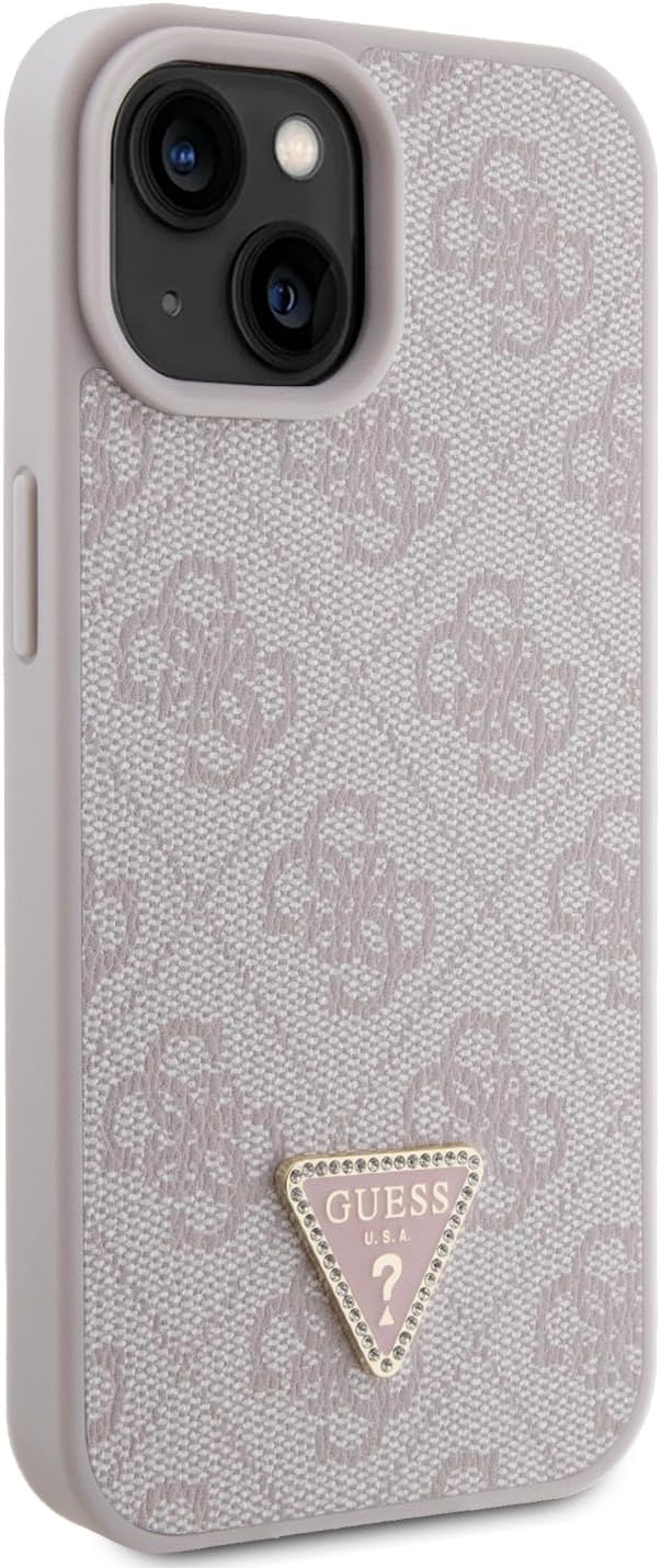 Guess iPhone 15 Leather 4G Diamond Triangle Θήκη με Επένδυση Συνθετικού Δέρματος - Pink - GUHCP15SP4TDPP