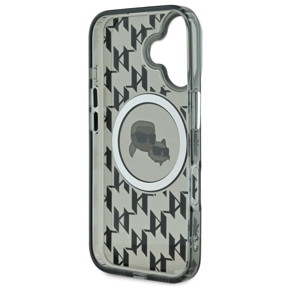Karl Lagerfeld iPhone 16 - IML Monogram Karl and Choupette Head - MagSafe Σκληρή Θήκη με Πλαίσιο Σιλικόνης - Black - KLHMP16SHMCKMHK