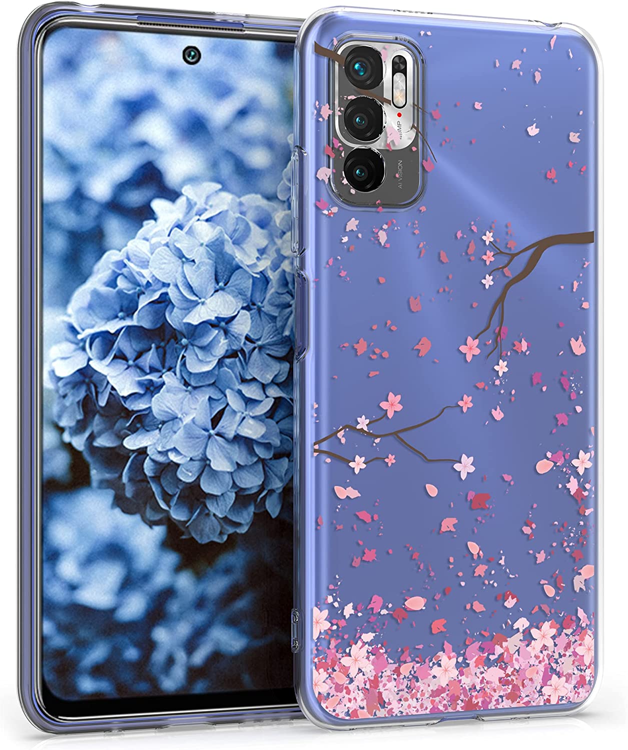 KW Xiaomi Redmi Note 10 5G / Poco M3 Pro 5G Θήκη Σιλικόνης TPU Design Cherry Blossom Leaves - Pink / Dark Brown - Διάφανη - 54950.01