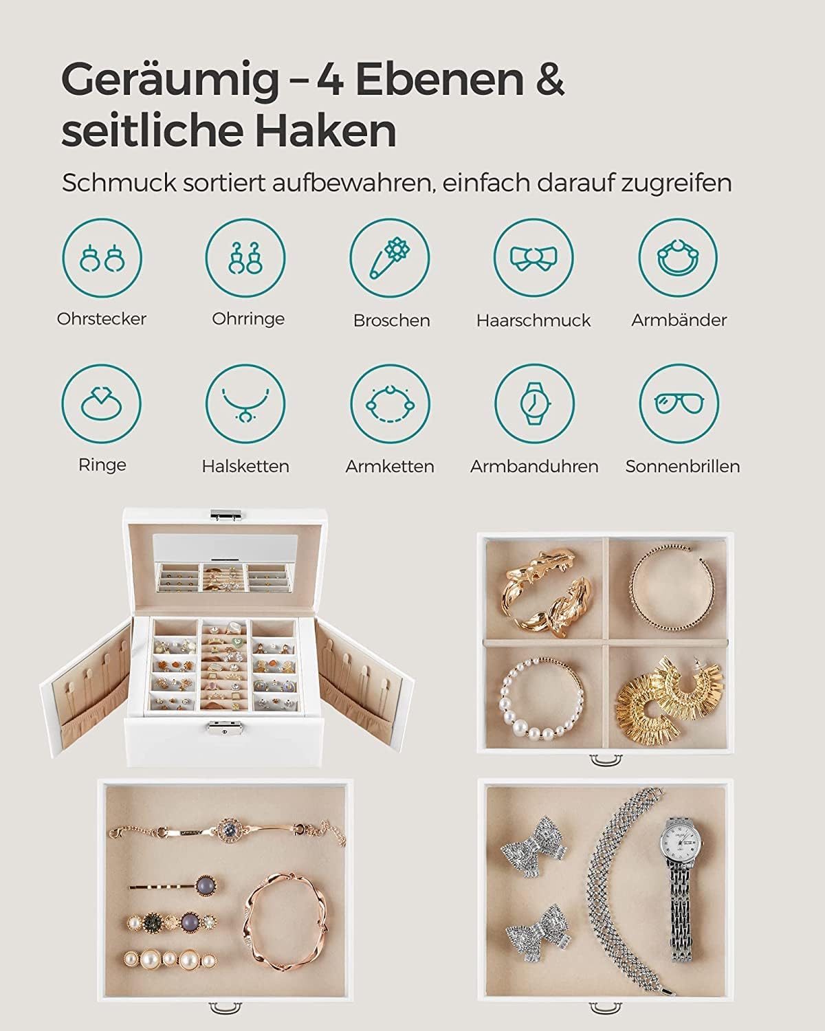 Songmics Φορητό Κουτί Αποθήκευσης Κοσμημάτων 4 Επιπέδων με Καθρέπτη και Κλειδαριά - White - JBC159W01