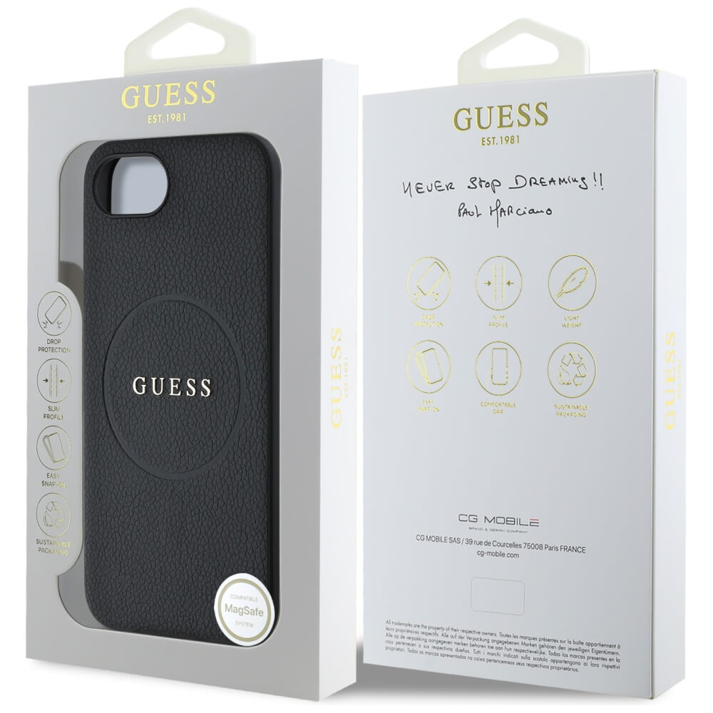 Guess iPhone 16e - Grained Ring MagSafe - Σκληρή Θήκη από Οικολογικό Δέρμα - Black - GUHMPSE4PGHSMMK