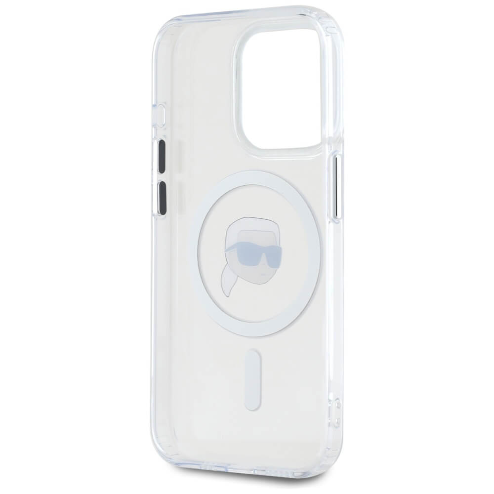 Karl Lagerfeld iPhone 15 Pro - IML Metal Karl Head - MagSafe Σκληρή Θήκη με Πλαίσιο Σιλικόνης - White - KLHMP15LHLSKIH