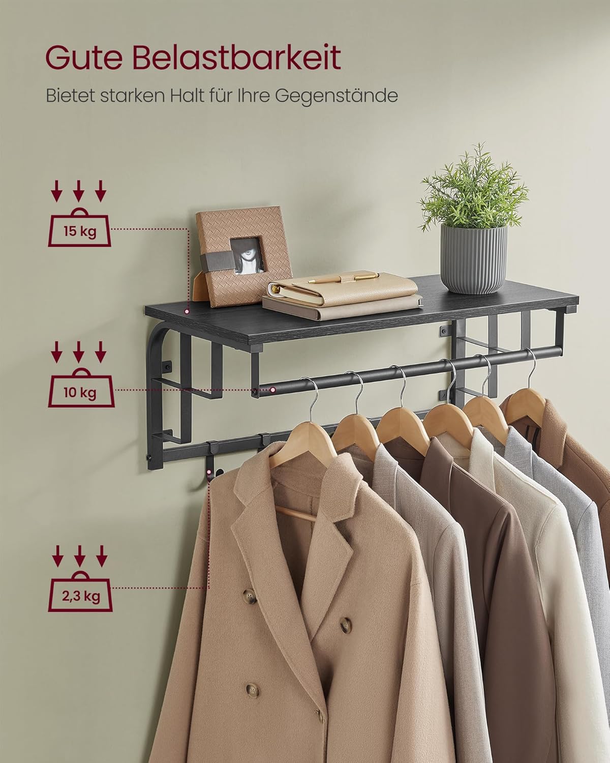 Vasagle Επιτοίχια Κρεμάστρα με Ράβδο και με 5 Αφαιρούμενους Γάντζους - 66 x 30 x 27 cm - Anthracite Grey / Black - LCR012B13