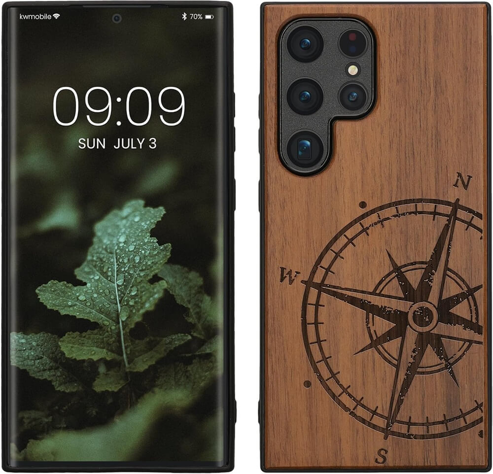 KW Samsung Galaxy S24 Ultra Θήκη από Φυσικό Ξύλο - Design Navigational Compass - Dark Brown