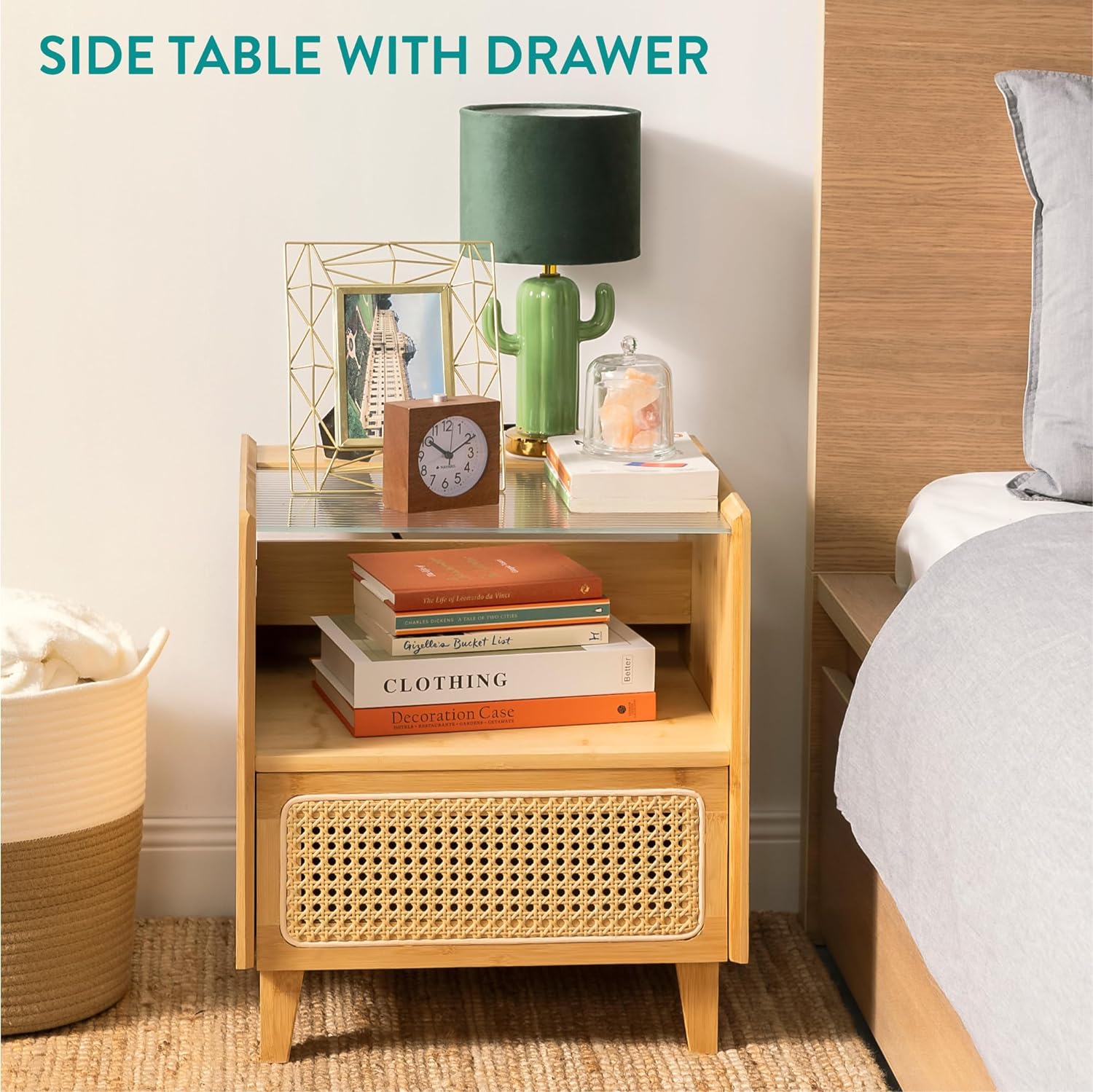 Navaris Κομοδίνο από Μπαμπού και Rattan με Συρτάρι και Γυάλινη Επιφάνεια - Brown - 54441.01