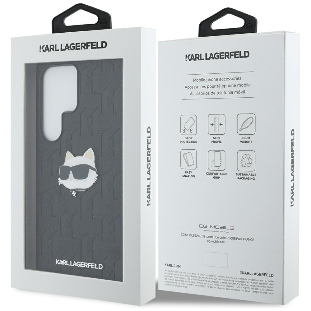 Karl Lagerfeld Samsung Galaxy S25 Ultra - Monogram Choupette Head Pin - Σκληρή Θήκη με Επένδυση Συνθετικού Δέρματος - Black - KLHCS25LPGKLCHPK