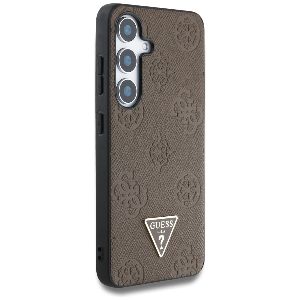 Guess Samsung Galaxy S25 - Grained Hot Stamp Peony Pattern Triangle Logo - MagSafe Σκληρή Θήκη με Πλαίσιο Σιλικόνης και Συνθετικό Δέρμα - Brown - GUHMS25SPGBTMW