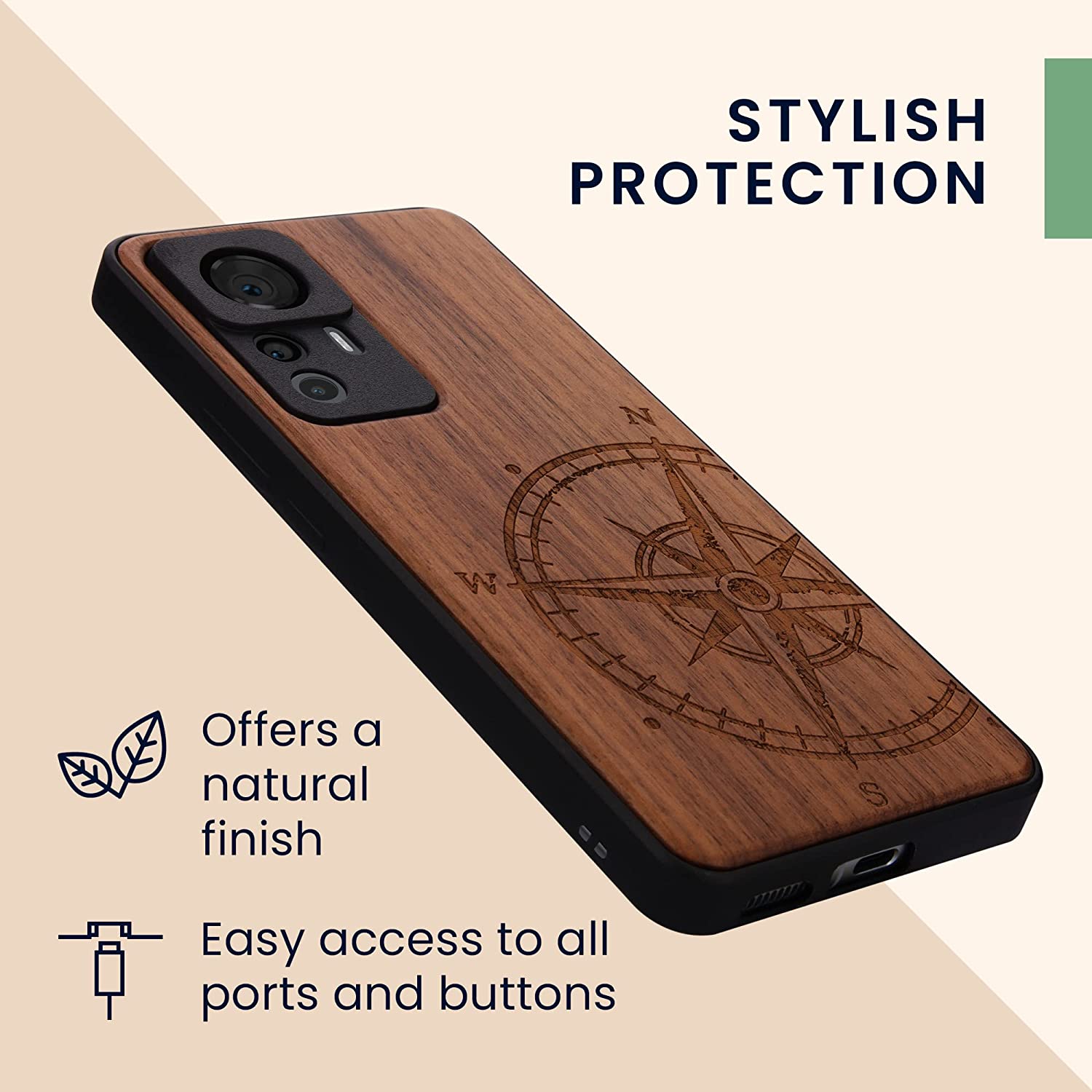 KW Xiaomi 12T / 12T Pro Θήκη από Φυσικό Ξύλο - Design Navigational Compass - Dark Brown - 60150.01
