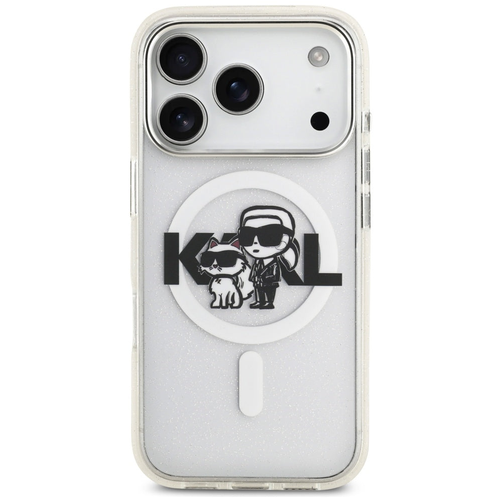 Karl Lagerfeld iPhone 17 Pro - IML Glitter Karl and Choupette Sketch Logo MagSafe - Σκληρή Θήκη με Πλαίσιο Σιλικόνης - Clear - KLHMP17LHGKCGKBT