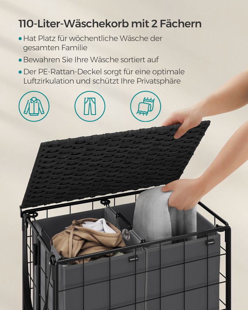 Songmics Τροχήλατο Αναδιπλούμενο Καλάθι Απλύτων με 2 Χωρίσματα και Καπάκι - 110L - Ink Black / Slate Grey - LCB211B11