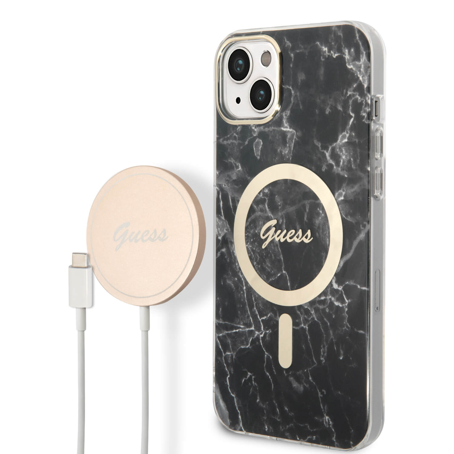 Guess iPhone 15 Plus / 14 Plus - Bundle Pack - Σετ Σκληρή Θήκη με Πλαίσιο Σιλικόνης και Ασύρματος Φορτιστής MagSafe - Design Marble MagSafe - Black - GUBPP14MHMEACSK