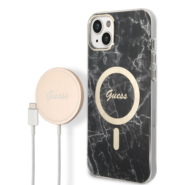 Guess iPhone 15 Plus / 14 Plus - Bundle Pack - Σετ Σκληρή Θήκη με Πλαίσιο Σιλικόνης και Ασύρματος Φορτιστής MagSafe - Design Marble MagSafe - Black - GUBPP14MHMEACSK