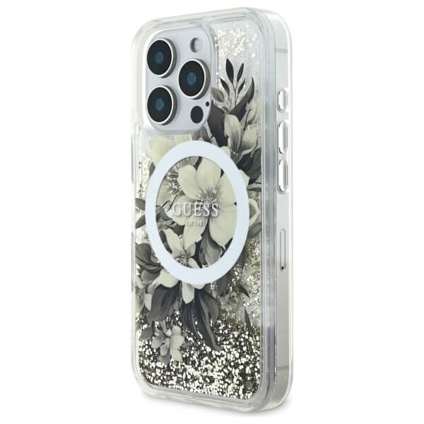 Guess iPhone 16 Pro Max - Liquid Glitter Flower - MagSafe Σκληρή Θήκη με Πλαίσιο Σιλικόνη - Beige - GUHMP16XLFMWTE