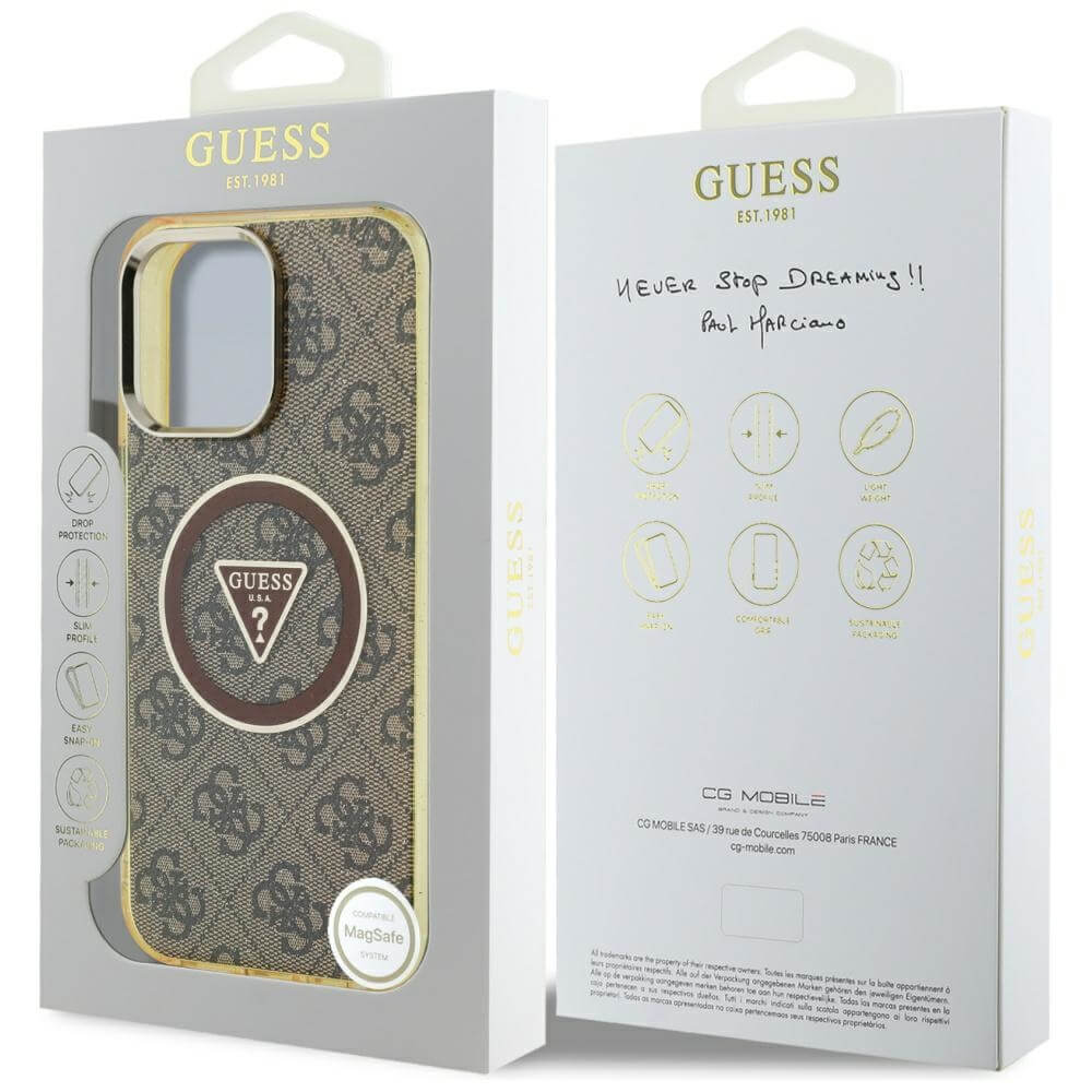 Guess iPhone 16 Pro - IML Metal Glitter 4G Circle Triangle MagSafe - Σκληρή Θήκη με Πλαίσιο Σιλικόνης και MagSafe - Brown - GUHMP16LHG4PRTGW