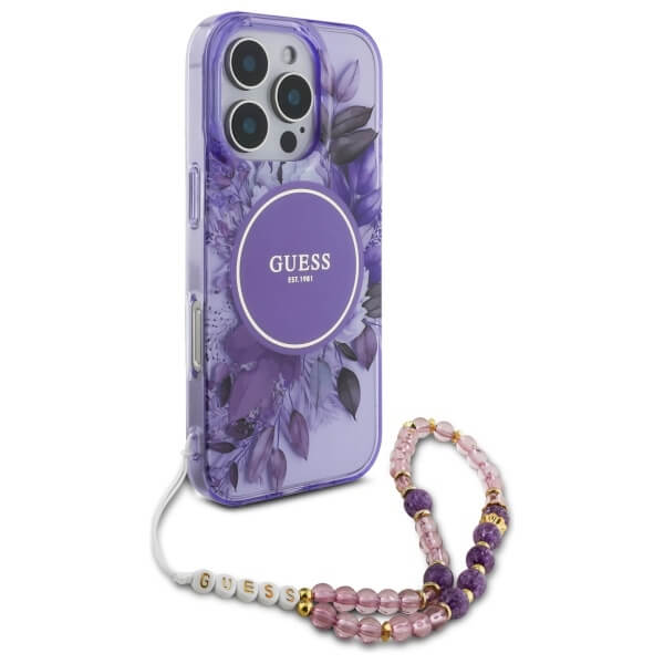 Guess iPhone 16 Pro - IML Flowers With Pearl Strap MagSafe - Σκληρή Θήκη με Πλαίσιο Σιλικόνης και Λουράκι - Purple - GUHMP16LHFWBRCESU