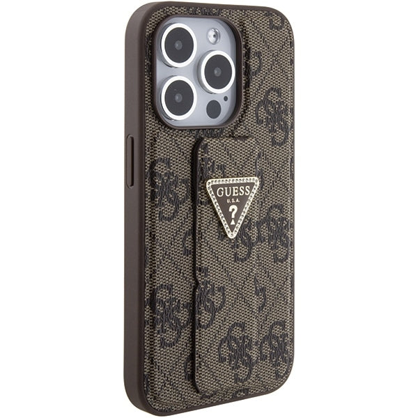 Guess iPhone 15 Pro Grip Stand 4G Triangle Strass Logo Θήκη με Επένδυση Συνθετικού Δέρματος και Stand - Brown - GUHCP15LPGS4TDW