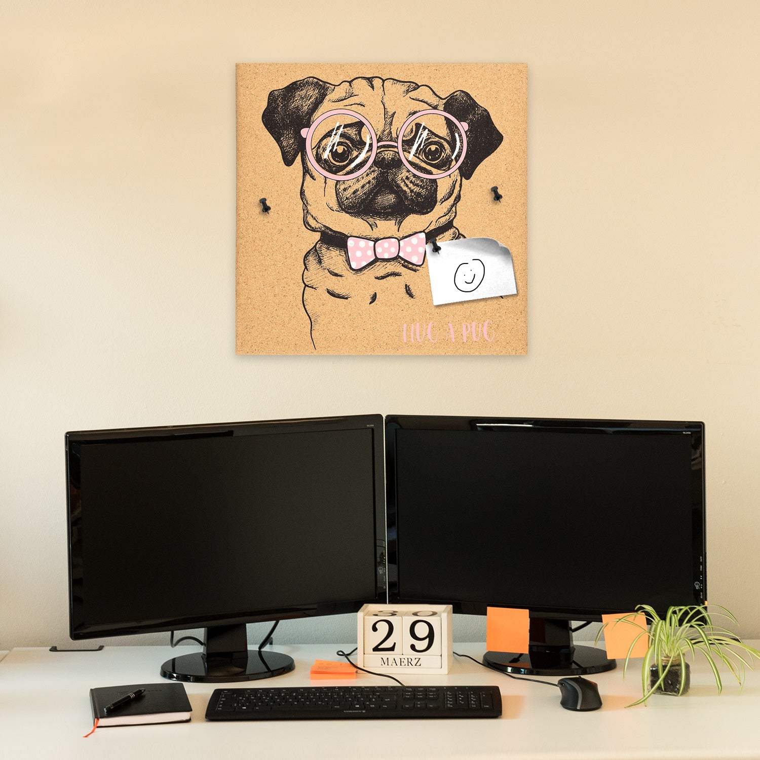 Navaris Cork Notice Board - Πίνακας Ανακοινώσεων με Πινέζες - Design Cute Pug - Pink - Brown - Black - 45371.01