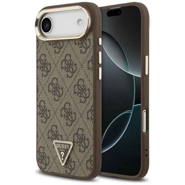 Guess iPhone Air - 4G Triangle Strass Logo MagSafe - Σκληρή Θήκη με Επένδυση Συνθετικού Δέρματος - Brown / Gold - GUHMP17MP4GTDGMW