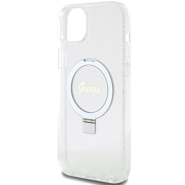 Guess iPhone 15 Plus Ring Stand Script Glitter Magsafe Σκληρή Θήκη με Πλαίσιο Σιλικόνης και MagSafe / Stand - Clear - GUHMP15MHRSGSD