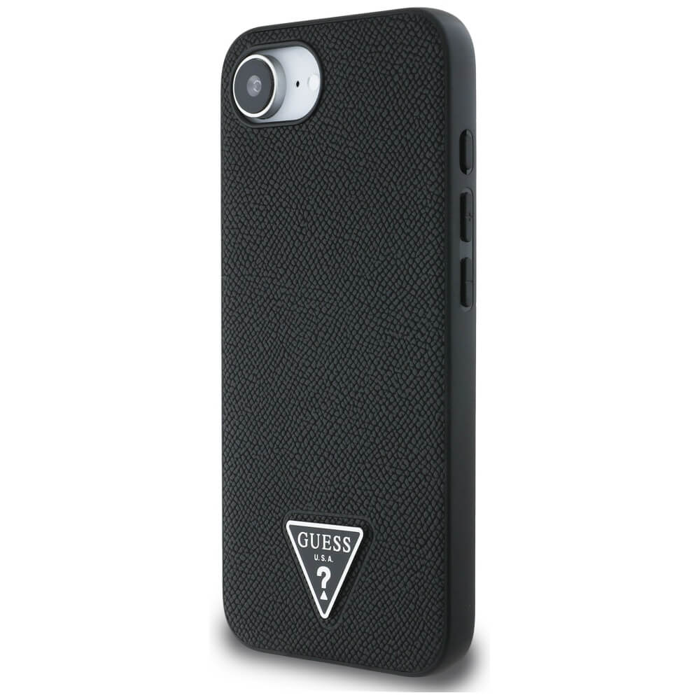 Guess iPhone 16e - Grained Triangle MagSafe - Σκληρή Θήκη με Επένδυση Συνθετικού Δέρματος και Πλαίσιο Σιλικόνης - Black - GUHMPSE4PGTSPSK