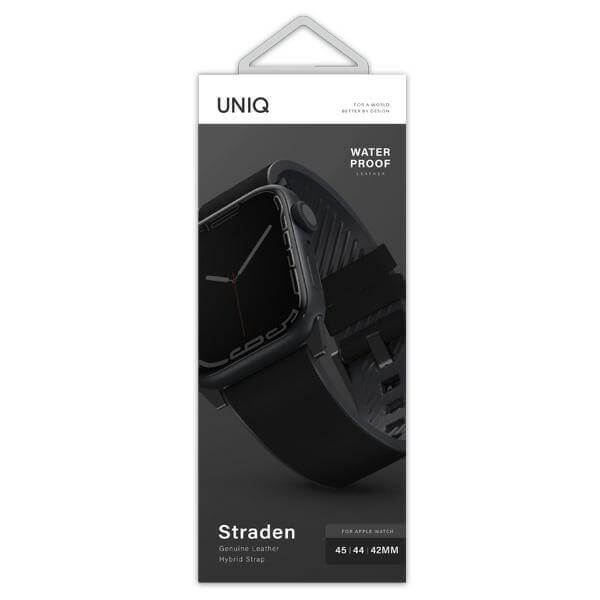 Uniq Λουράκι Apple Watch 2 / 3 / 4 / 5 / 6 / 7 / 8 / 9 / SE / ULTRA 1 / ULTRA 2 - 42 / 44 / 45 / 49 mm Straden Δερμάτινο Υβριδικό Λουράκι - Black