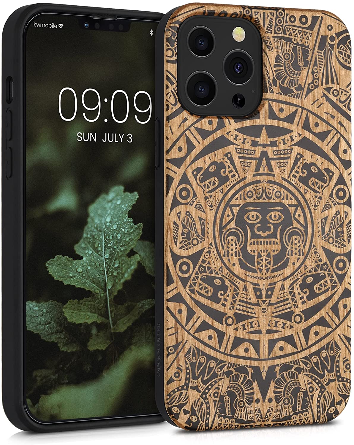 KW iPhone 13 Pro Max Θήκη από Φυσικό Ξύλο Design Maya Calendar Art - Light Brown / Black - 55980.05