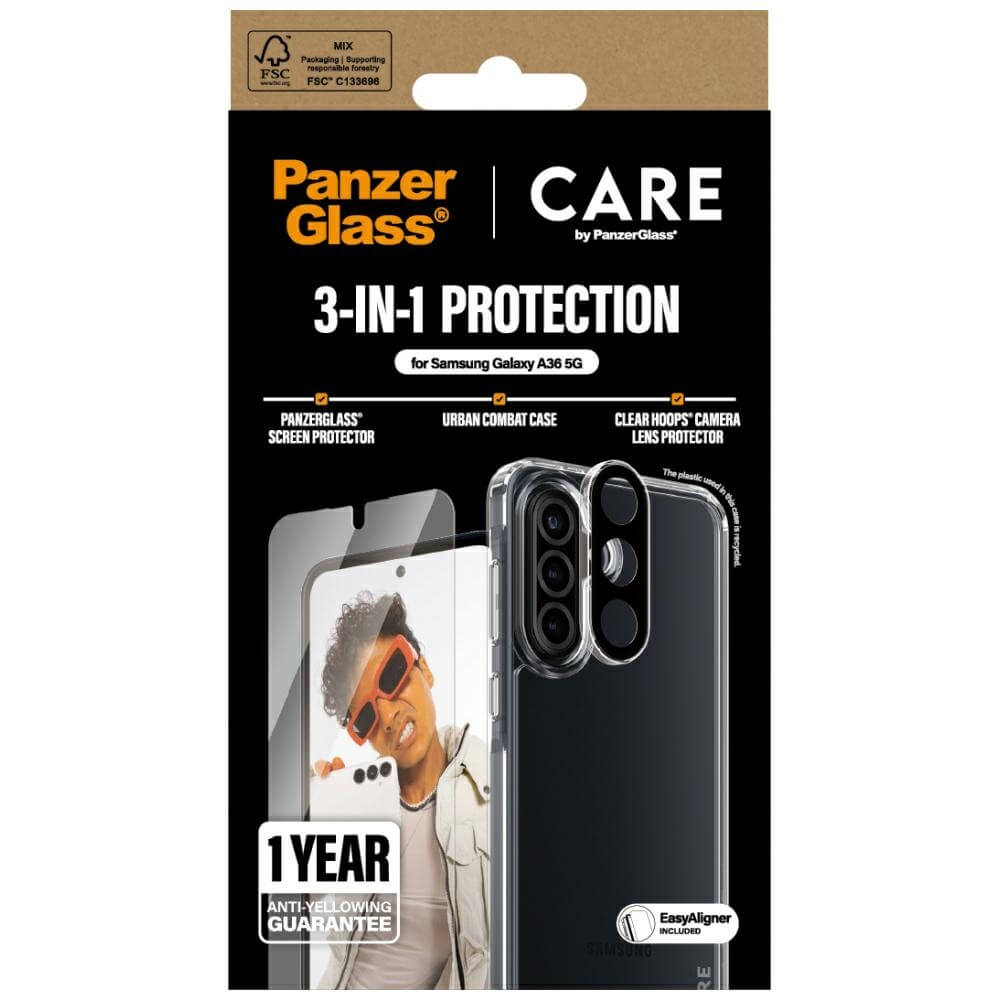 Care by PanzerGlass Samsung Galaxy A36 5G - Flagship 3in1 Σετ με 1 Αντιχαρακτικό Γυαλί Οθόνης, 1 Αντιχαρακτικό Γυαλί για την Κάμερα και 1 Σκληρή Θήκη - Clear