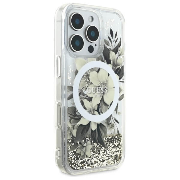 Guess iPhone 16 Pro Max - Liquid Glitter Flower - MagSafe Σκληρή Θήκη με Πλαίσιο Σιλικόνη - Beige - GUHMP16XLFMWTE