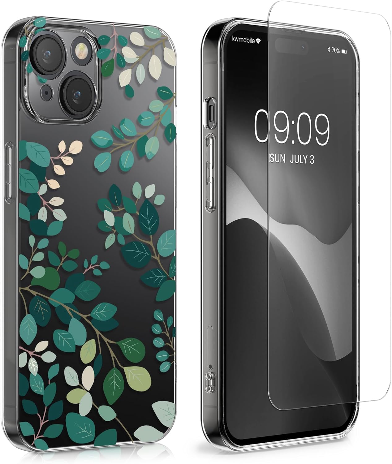 KW iPhone 15 Θήκη Σιλικόνης TPU με Αντιχαρακτικό Γυαλί - Design Spring Leaves - Green / Διάφανη
