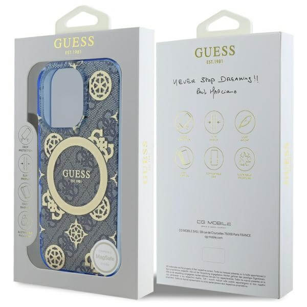 Guess iPhone 16 Pro Max - IML Peony On 4G Background - MagSafe Θήκη με Επένδυση Συνθετικού Δέρματος - Blue - GUHMP16XH4PYEEB