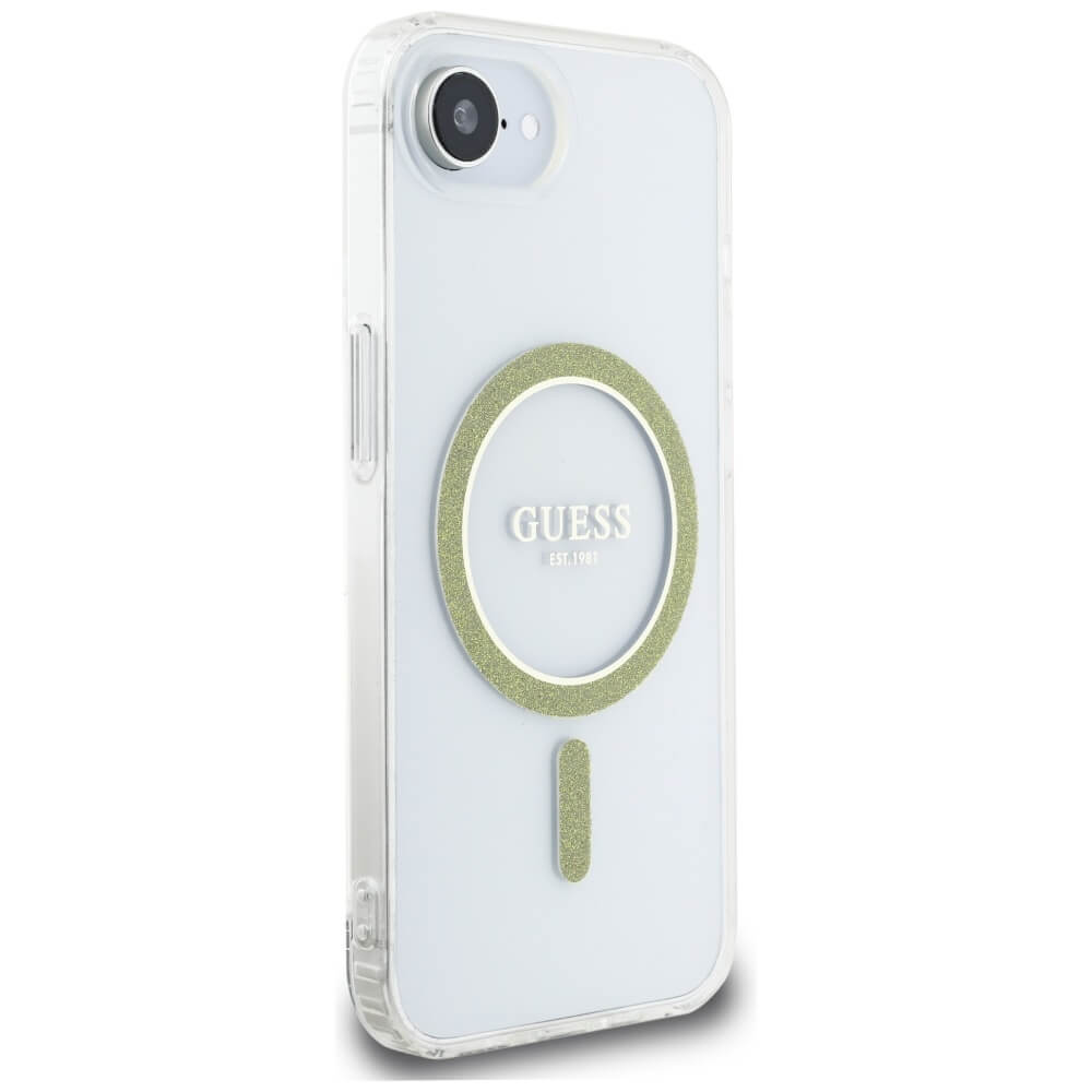 Guess iPhone 16e - IML Glitter Circle MagSafe - Σκληρή Θήκη με Πλαίσιο Σιλικόνης - Διάφανη - GUHMPSE4HFGERET
