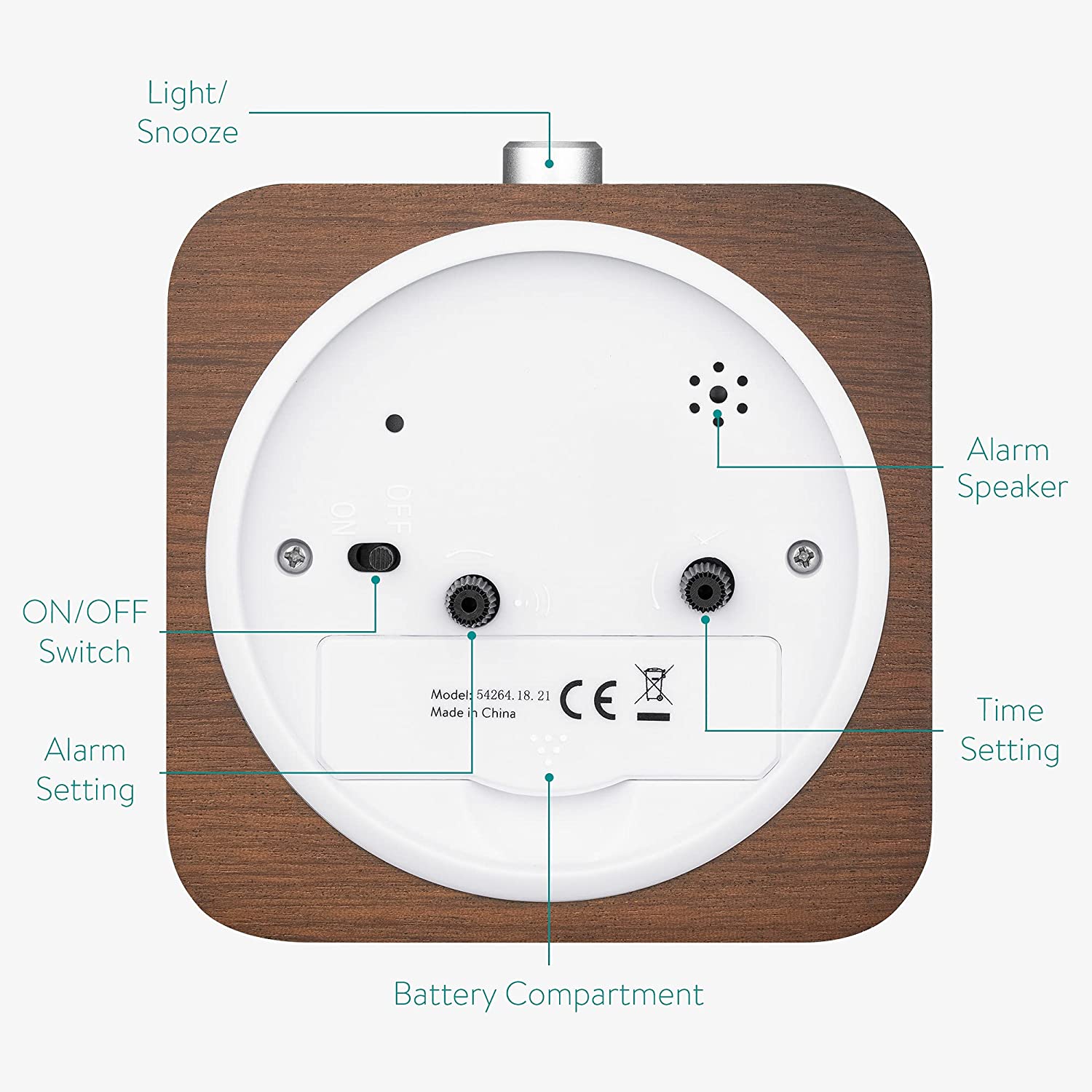 Navaris Αναλογικό Επιτραπέζιο Ρολόι και Ξυπνητήρι - Design Retro Square - Dark Brown / Gold - 54264.18.21