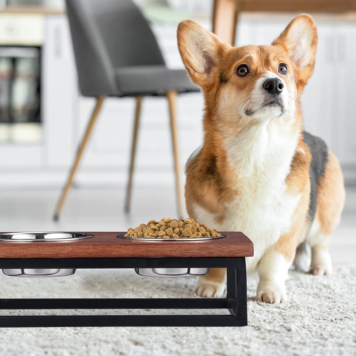 Relaxdays Ξύλινη Βάση από Μάνγκο με 2 Μπολ από Ανοξείδωτο Ατσάλι για Κατοικίδια - 250 ml - Natural / Silver - 4052025373801