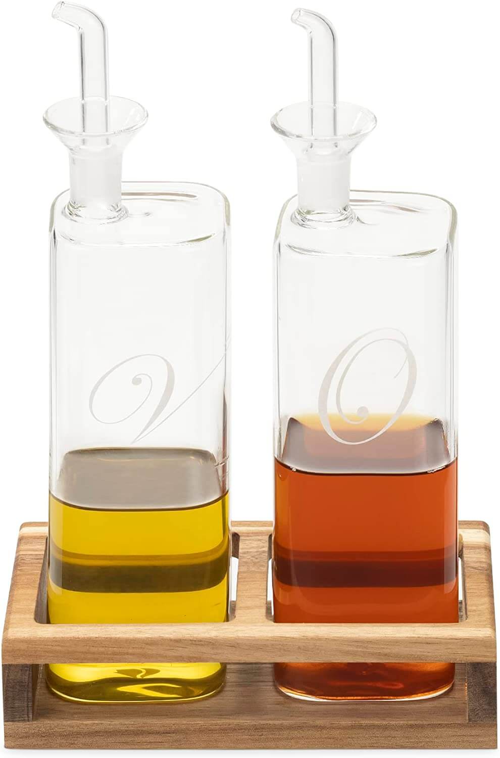 Navaris Σετ με 2 Γυάλινους Διανομείς για Λάδι και Ξύδι με Ξύλινη Βάση - Clear / Brown - 58957.01