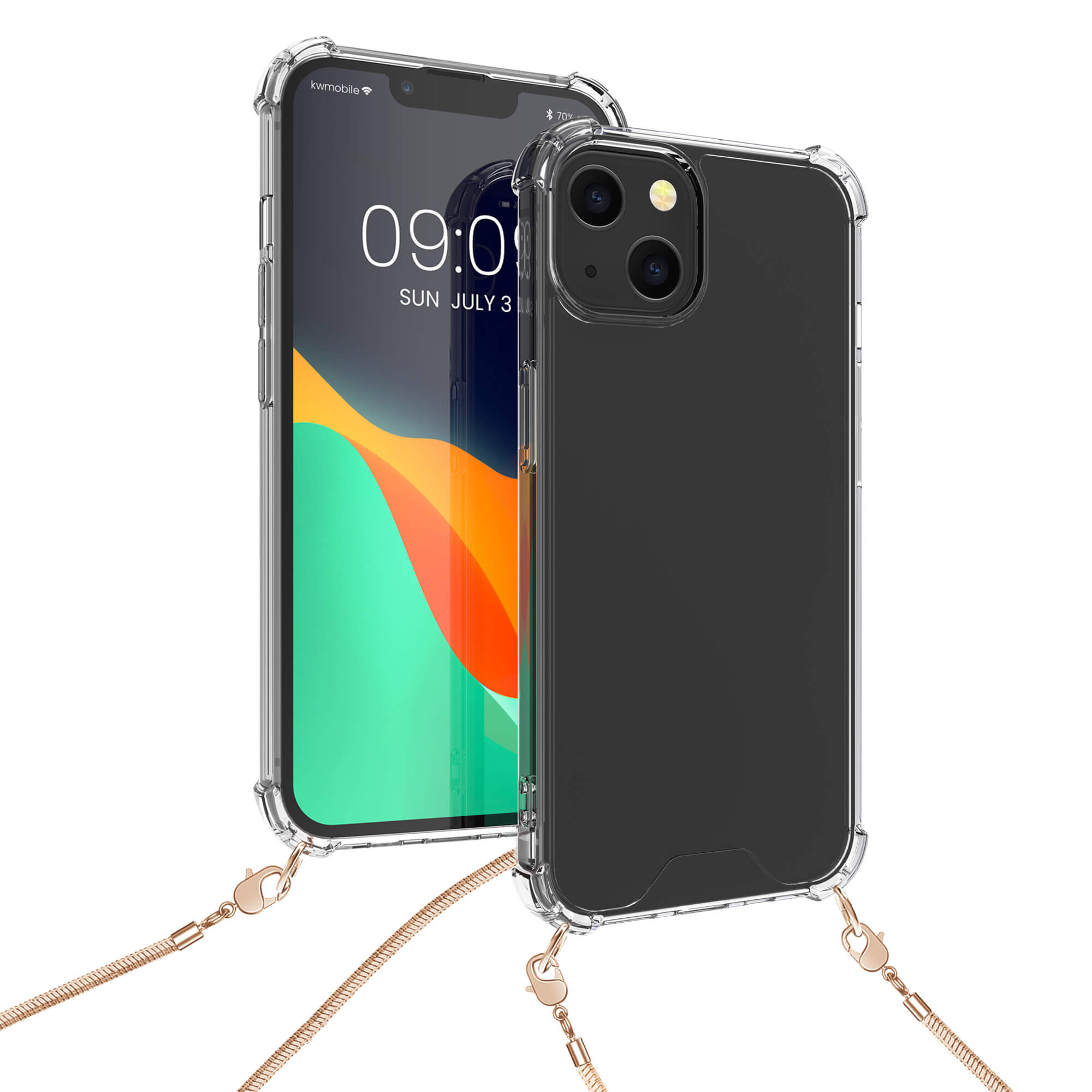 KW iPhone 13 Θήκη Σιλικόνης TPU με Μεταλλικό Λουράκι - Διάφανη / Rose Gold - 55952.81