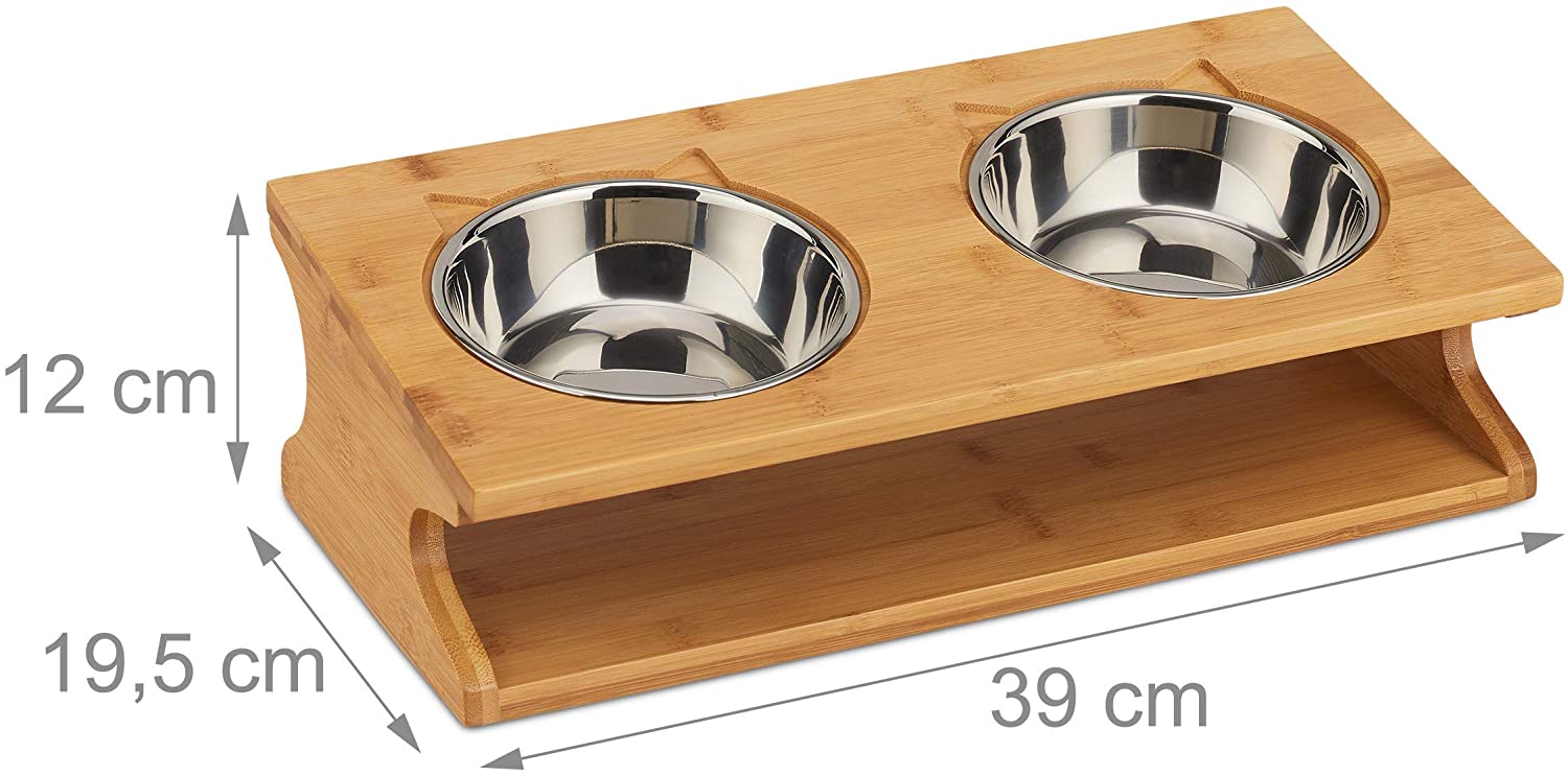 Relaxdays Ξύλινη Βάση από Μπαμπού με 2 Μπολ από Ανοξείδωτο Ατσάλι για Κατοικίδια - 300 ml - Natural - 4052025288600